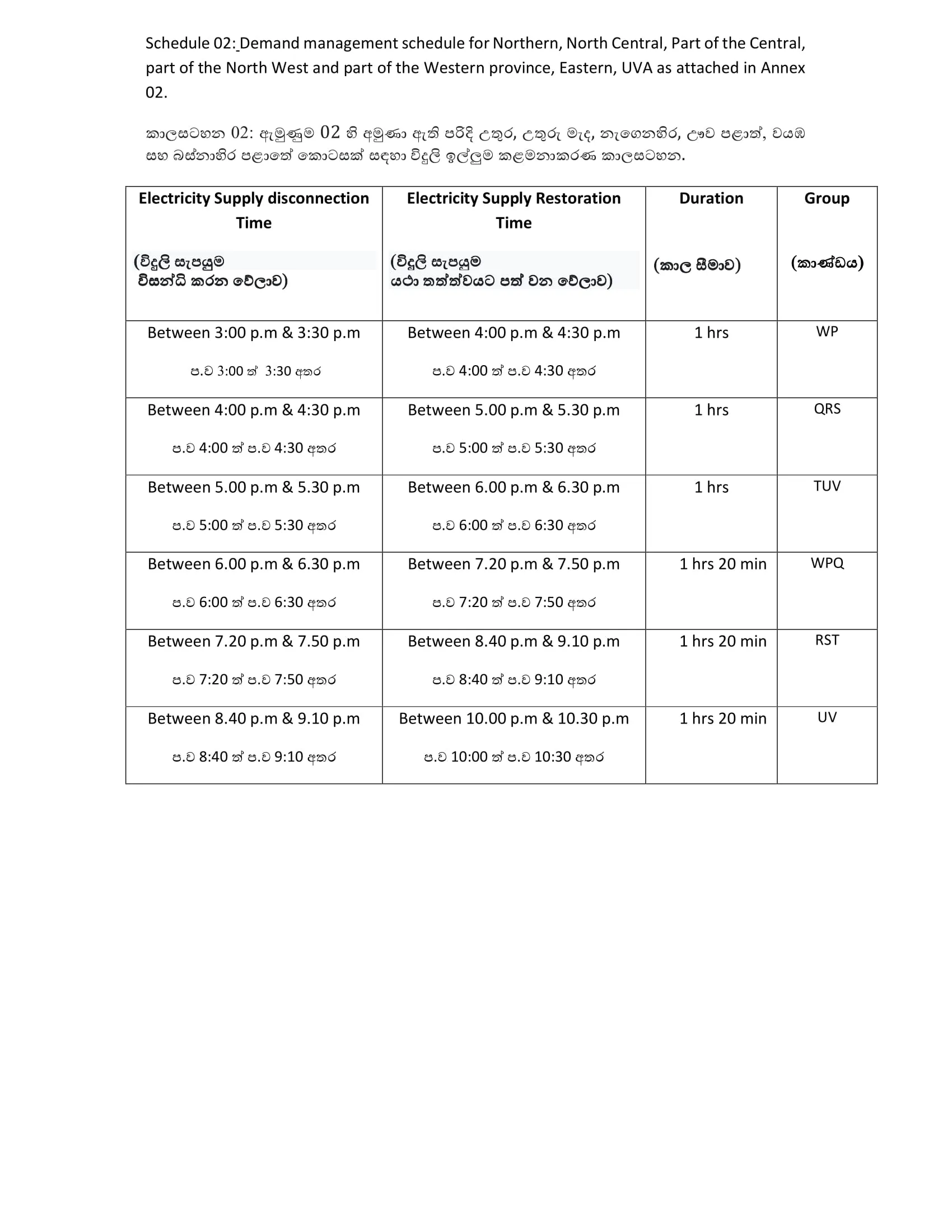 විදුලි කප්පාදුවේ වෙනසක් 2 Demand Management Schedule from 30.08 to 02.09.2022 2