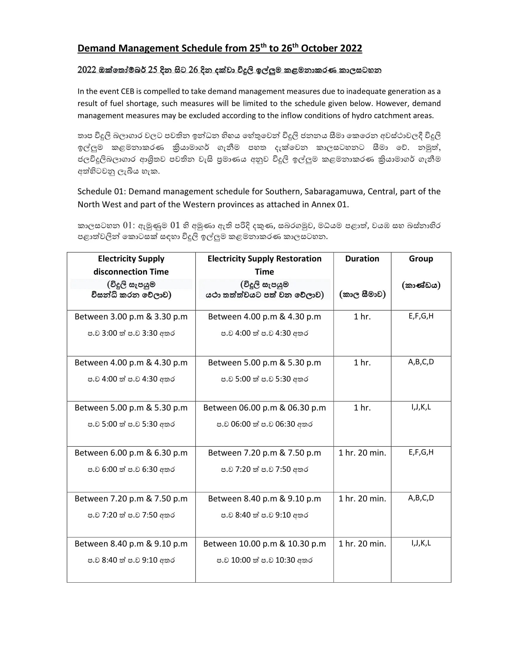හෙට සහ අනිද්දා විදුලිය කැපෙන්නේ මෙහෙමයි 1 Demand Management Schedule from 25 to 26 October 2022 1