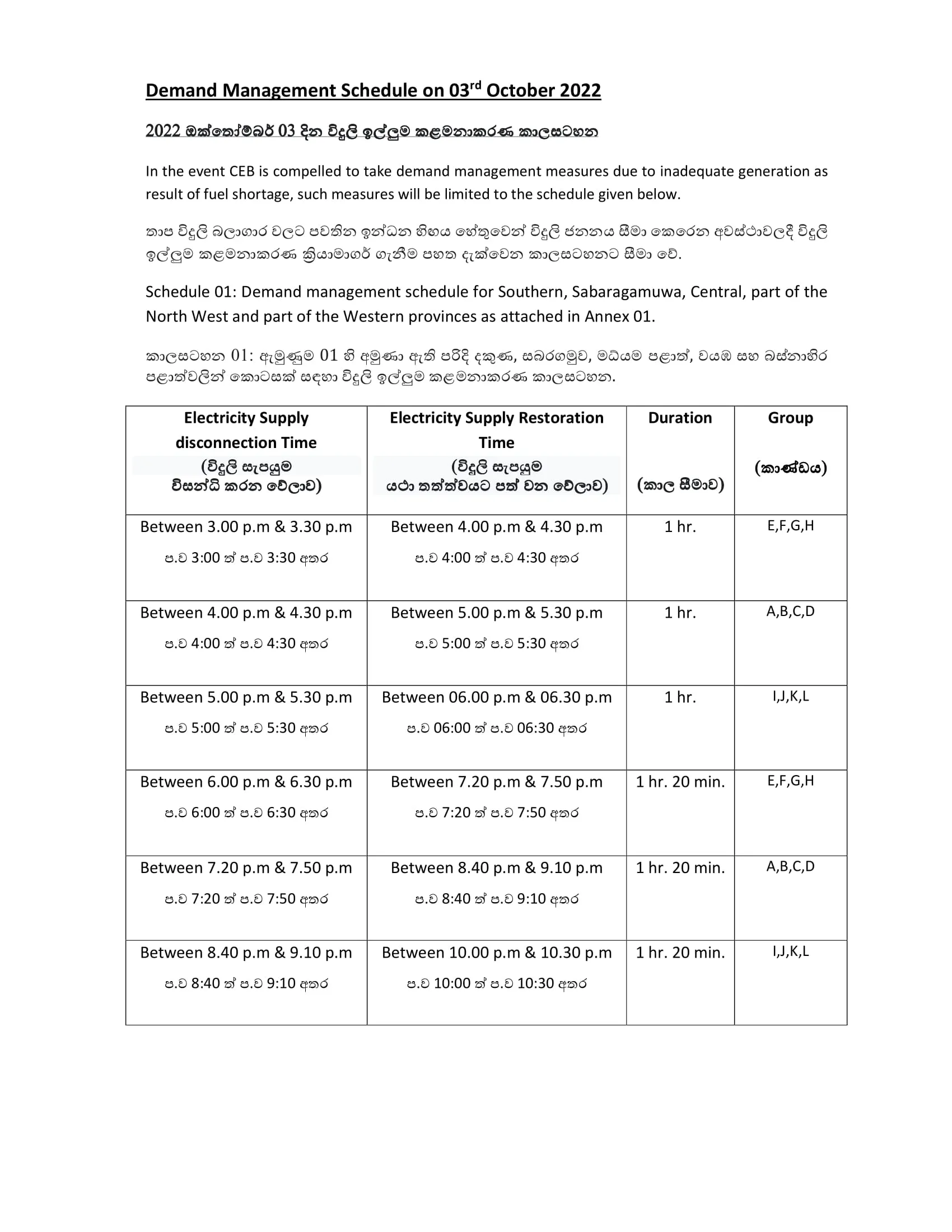 Demand Management Schedule on 03 October 2022 1
