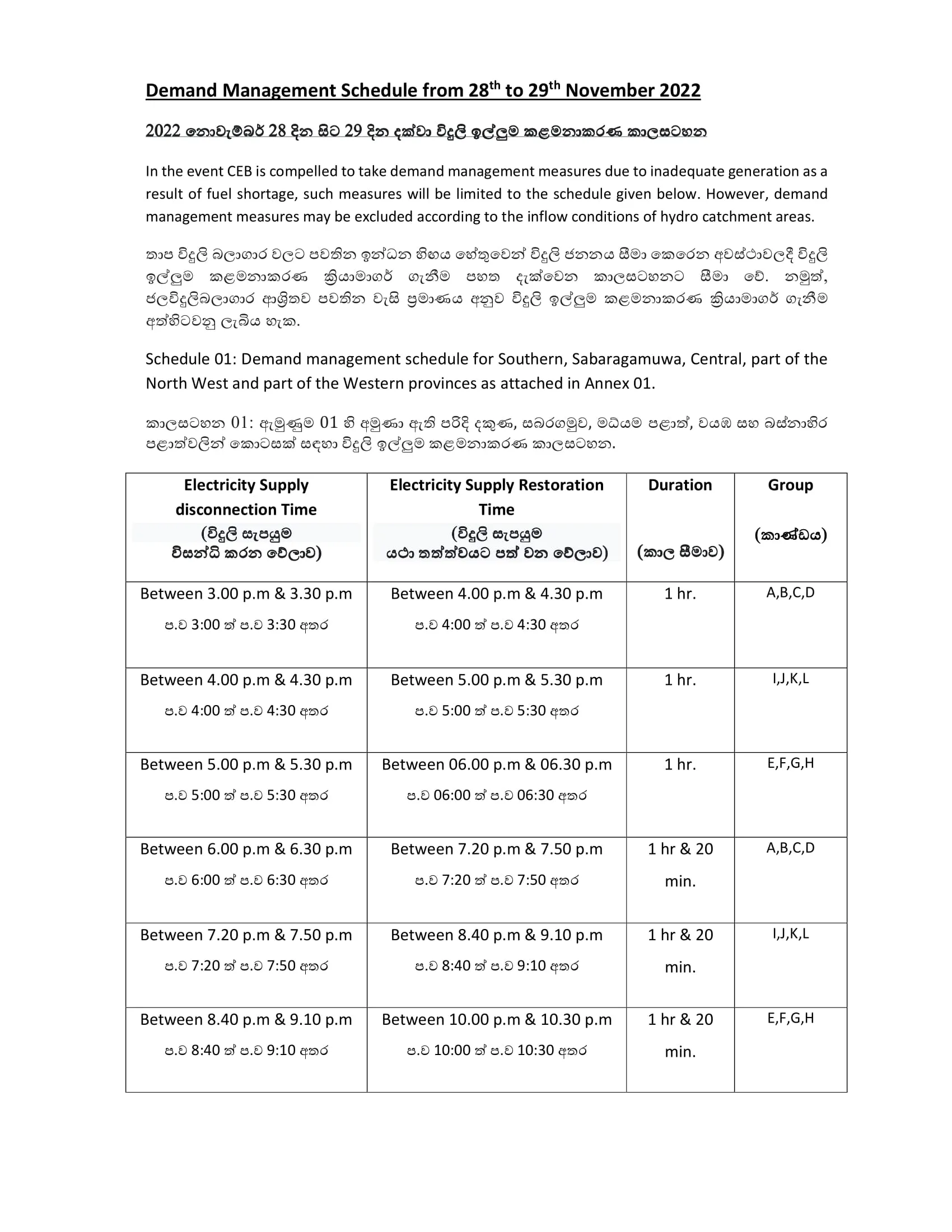 Demand Management Schedule from 28 to 29 November 2022 1