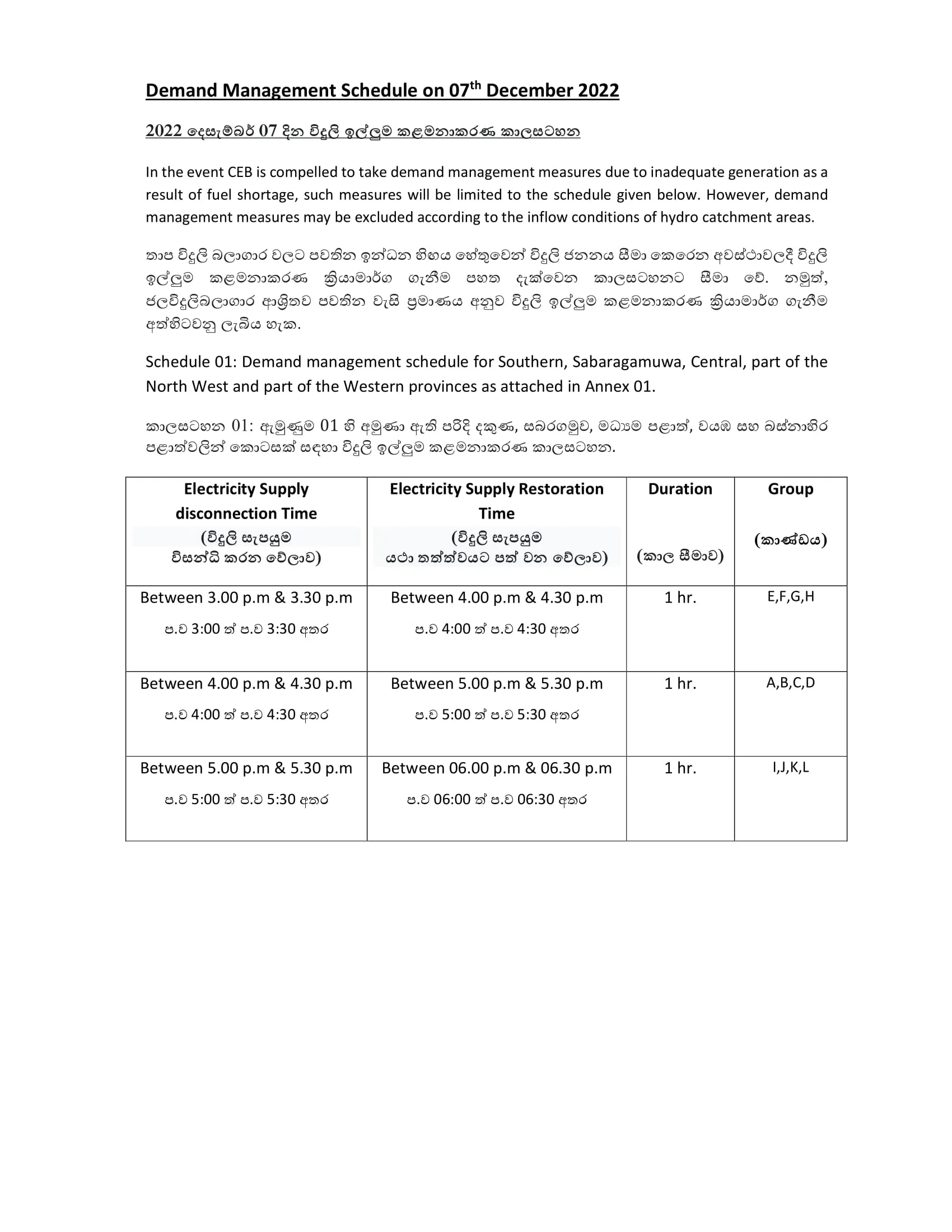 Demand Management Schedule on 7 December 2022 1