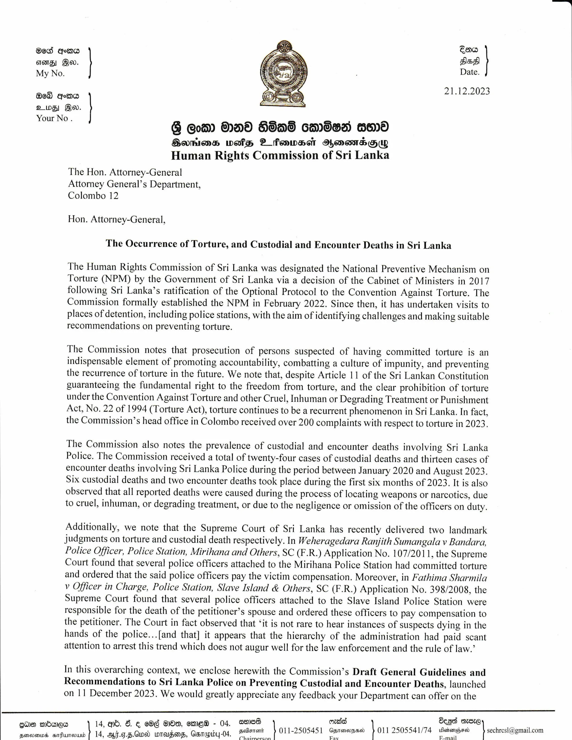 HRCSL Press Notice on 22 12 2023 and HRCSL letter to Attorney General on 21 December 2023 2 scaled
