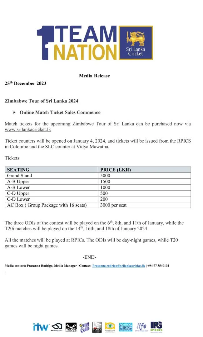 Media Release SLCM2023108 ZIMBABWE TOUR OF SRI LANKA TICKET SALES