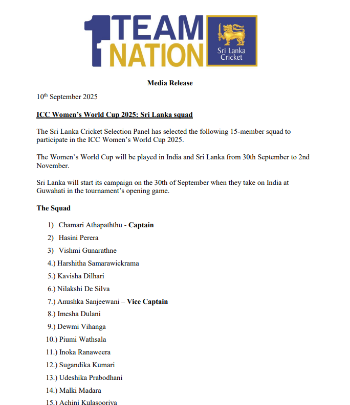 කාන්තා ලෝක කුසලානයේ ශ්රී ලංකා සංචිතය ප්රකාශයට පත්කෙරේ 1 WWC