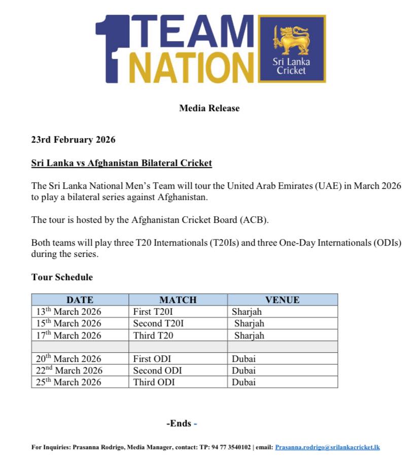 ශ්රී ලංකා - ඇෆ්ගනිස්ථාන 20-20 සහ එක්දින තරගාවලියේ කාලසටහන නිකුත් වෙයි 1 5