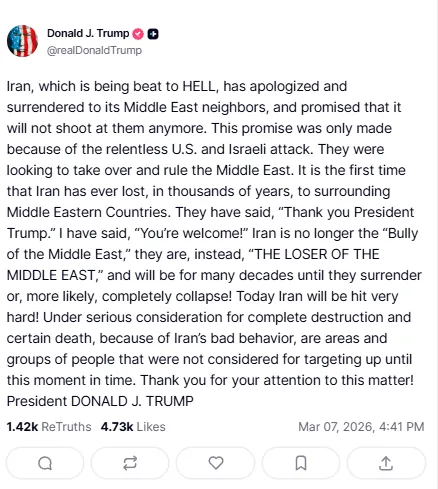 ඉරානය සමාව ඉල්ලූ හේතුව ට්රම්ප් හෙළි කරයි 1 Screenshot 2026 03 07 174554