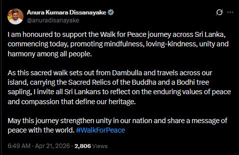 සාම පාගමනට සහයෝගය දැක්වීම ගෞරවයක් - ජනපතිගෙන් එක්ස් සටහනක් 1 3 1